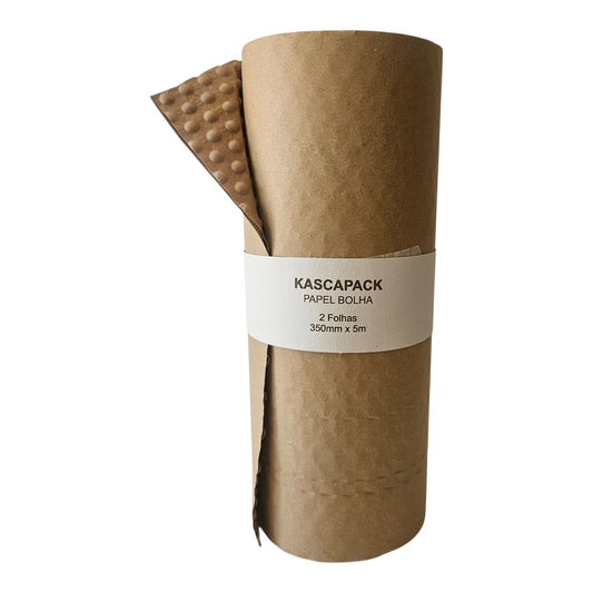 Rolo de Papel Bolha Kraft Double com camada exterior lisa aberta a mostrar a bolha interior
